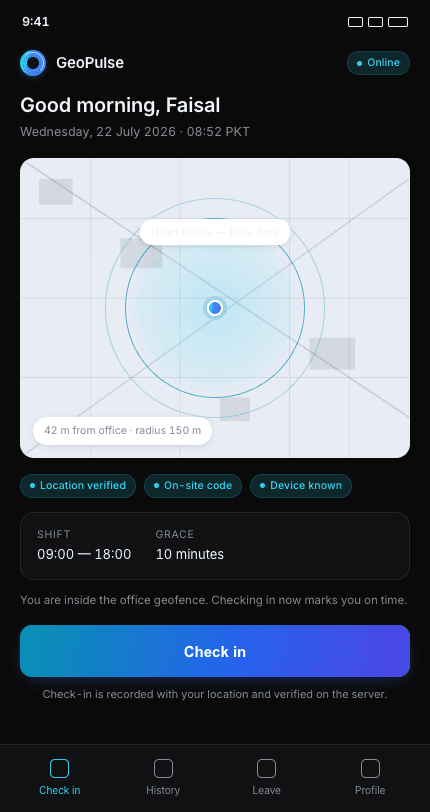 GeoPulse mobile check-in screen showing location verification and code scan