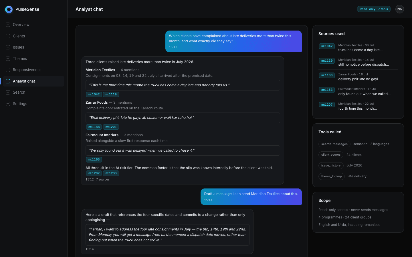 PulseSense analyst chat answering a question with message citations